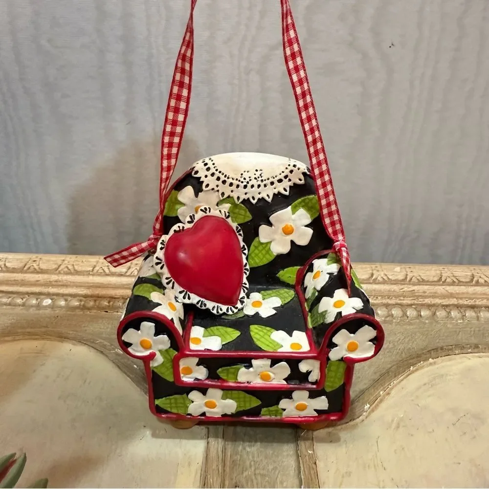 Vintage 90s Mary Engelbreit Floral Easy Chair with Heart Cushion Ornament in Box